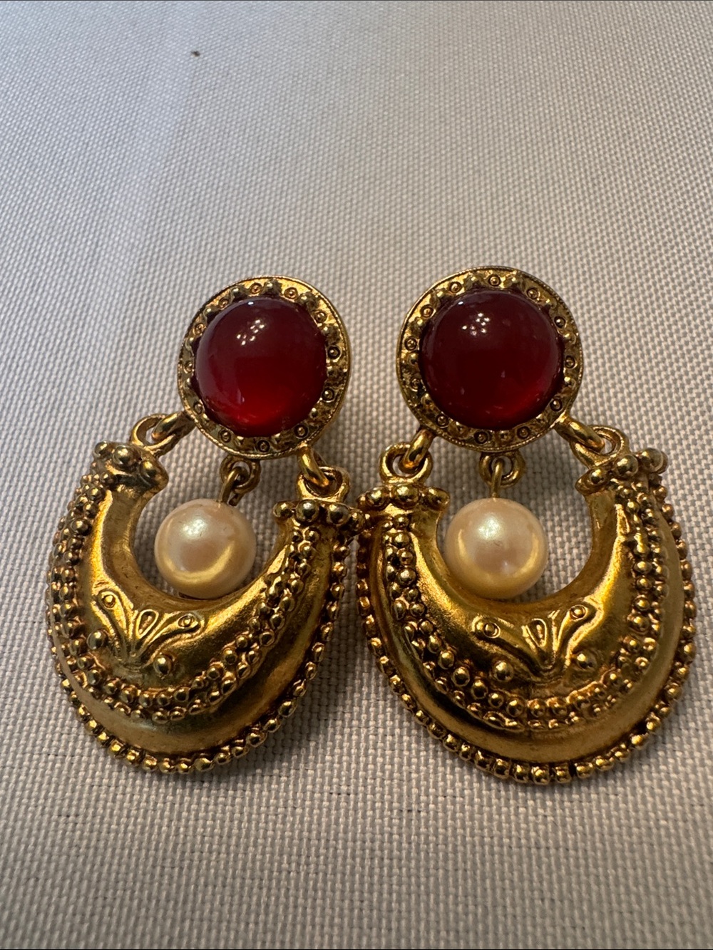 Gold-Tone Drop Earrings with Red Glass Bead and Pearl Accent